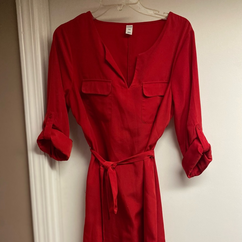 Red Dress, rolled sleeves, tie at the waist